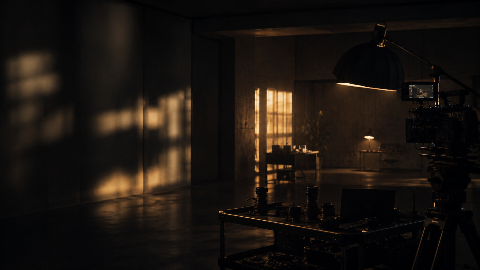 Estúdio cinematográfico com câmera, luzes e set